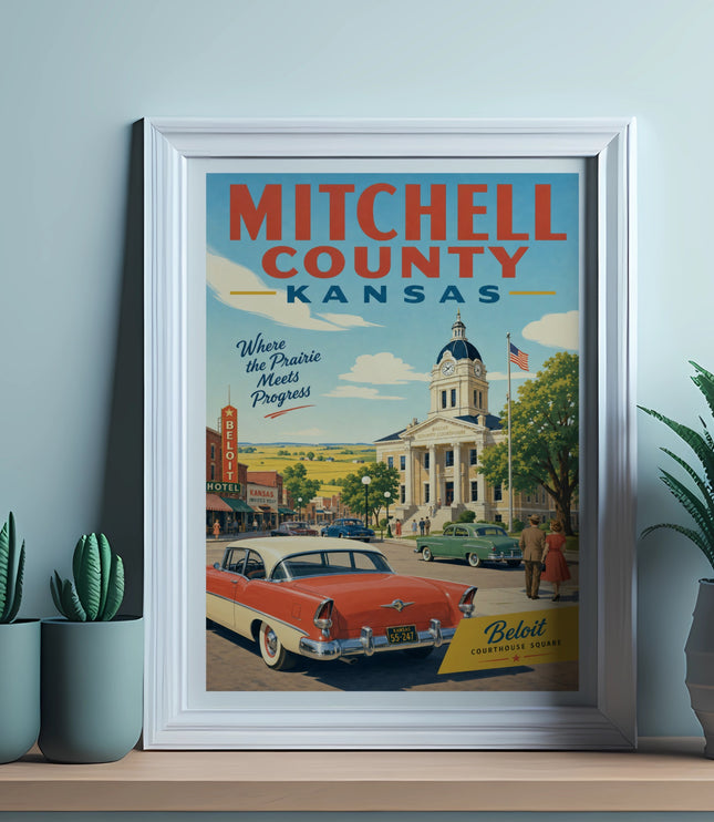 Mitchell County, Kansas, courthouse and vintage cars in a framed poster.