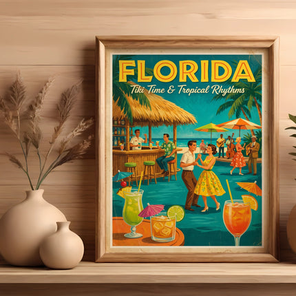Vintage Florida poster showing people dancing and tropical drinks.