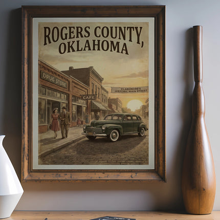 Vintage poster of Rogers County, Oklahoma, with a street scene featuring a classic car.