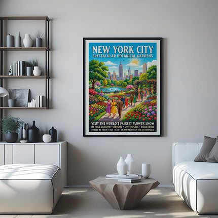 New York City botanical gardens poster featuring a flower show and city skyline.