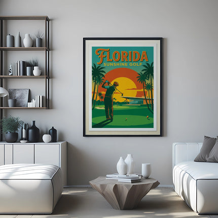 Retro Florida Sunshine Golf poster of a golfer at sunset.