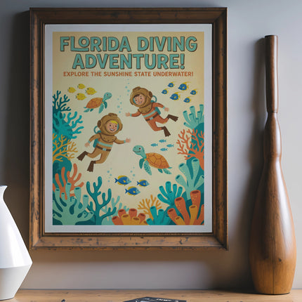 Vintage Florida diving adventure poster featuring divers, turtles, and fish.