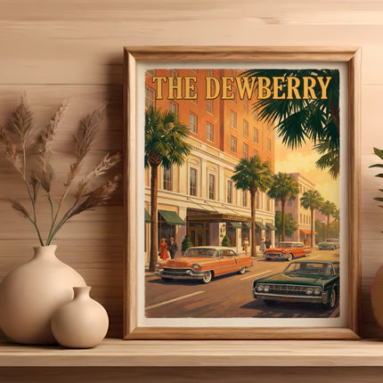 Vintage poster of "The Dewberry" building with classic cars and palm trees.