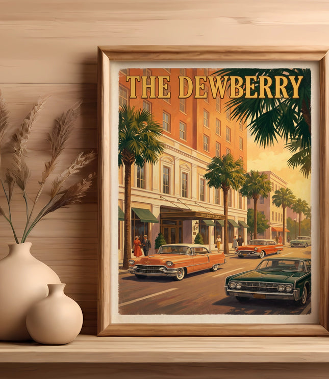 Vintage poster of "The Dewberry" building with classic cars and palm trees.