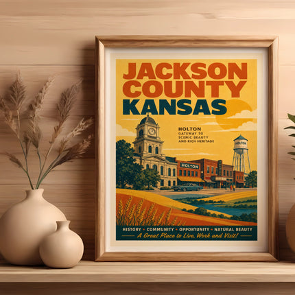 Vintage Jackson County, Kansas poster with Holton landmarks and text.