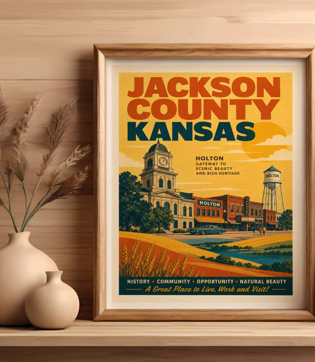 Vintage Jackson County, Kansas poster with Holton landmarks and text.