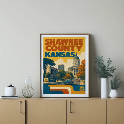 Shawnee County, Kansas, Topeka vintage travel poster with buildings and cars.