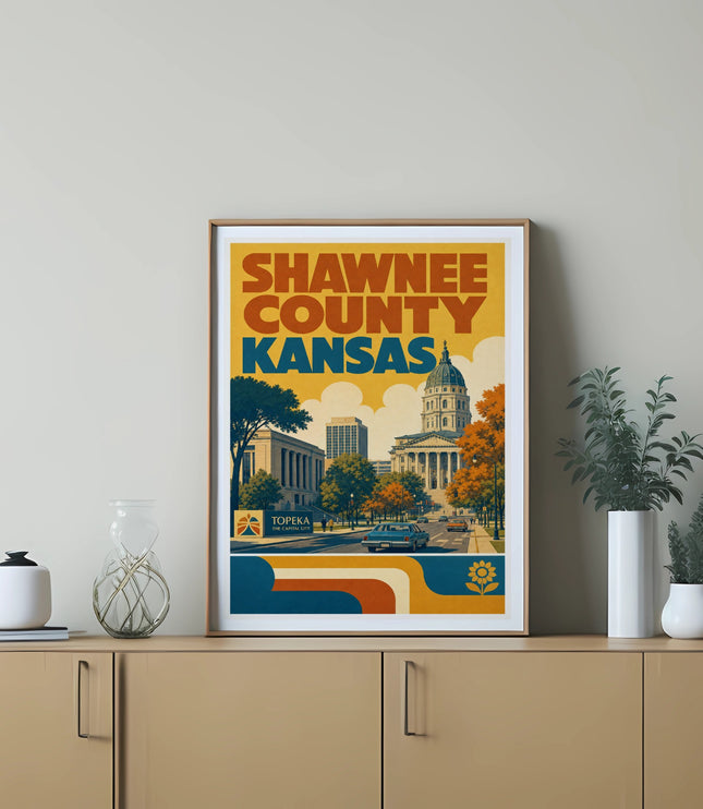 Shawnee County, Kansas, Topeka vintage travel poster with buildings and cars.