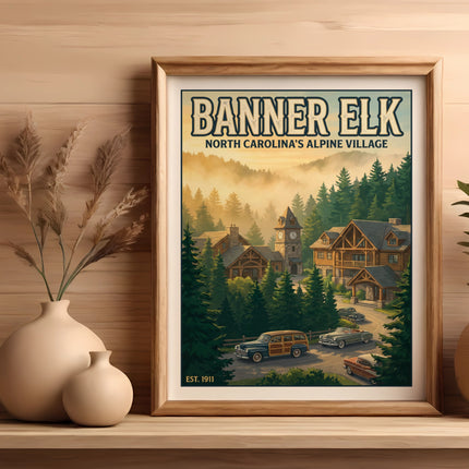 Banner Elk North Carolina Alpine Village vintage travel poster with forested mountains.
