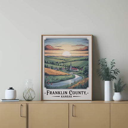 Framed art print of Franklin County, Kansas landscape at sunset.