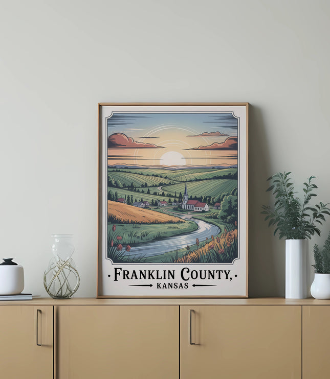 Framed art print of Franklin County, Kansas landscape at sunset.
