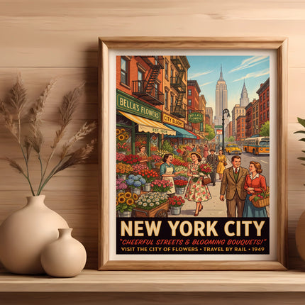New York City poster with Bella's Flowers shop, people, and Empire State Building.