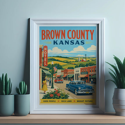 Framed vintage travel poster for Brown County, Kansas with a classic car.