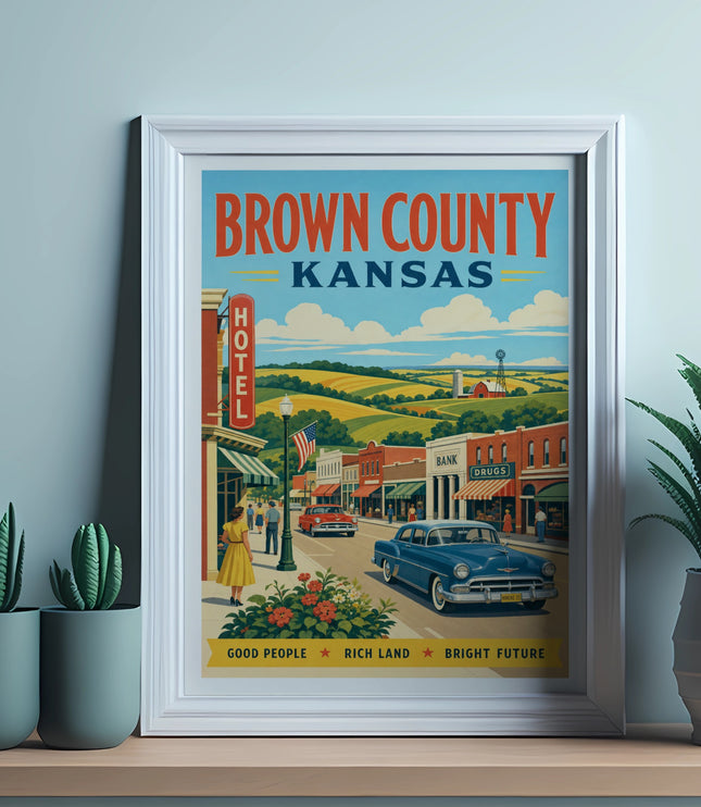 Framed vintage travel poster for Brown County, Kansas with a classic car.