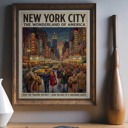New York City vintage poster of bustling Times Square with theater district lights.