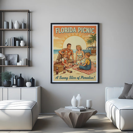 Florida picnic scene with a family on a checkered blanket.