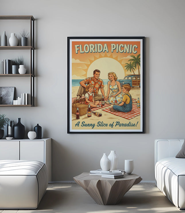 Florida picnic scene with a family on a checkered blanket.