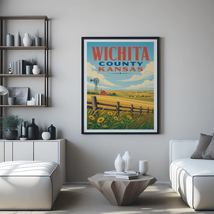 Vintage "Wichita County Kansas" poster with farm scene and sunflowers.