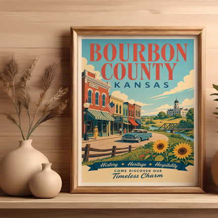 Bourbon County Kansas vintage travel poster with text "Timeless Charm".