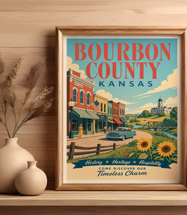Bourbon County Kansas vintage travel poster with text "Timeless Charm".