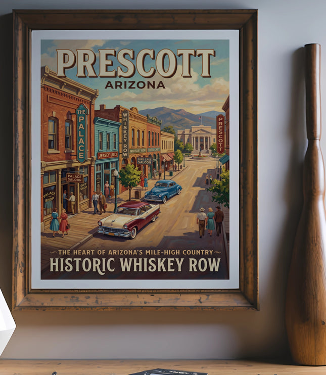 Prescott Arizona Historic Whiskey Row poster with vintage cars and buildings.