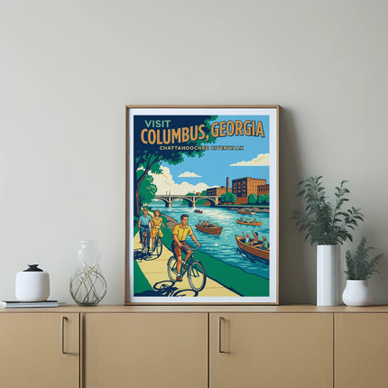 Poster for Columbus, Georgia, featuring people biking and boating on the Chattahoochee River.