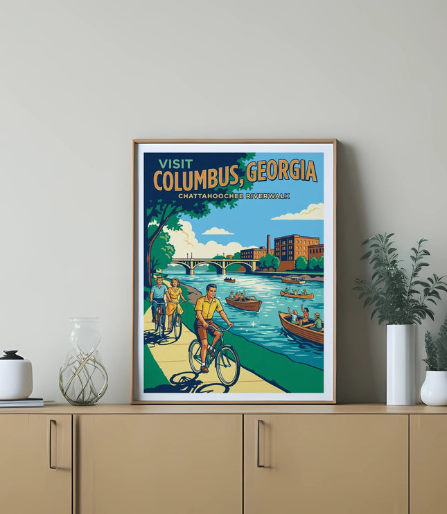 Poster for Columbus, Georgia, featuring people biking and boating on the Chattahoochee River.