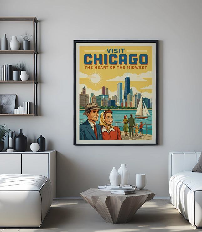 Vintage "Visit Chicago The Heart of the Midwest" travel poster.
