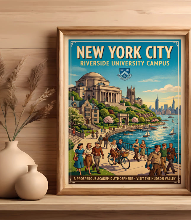 New York City Riverside University Campus poster with people and Hudson River.
