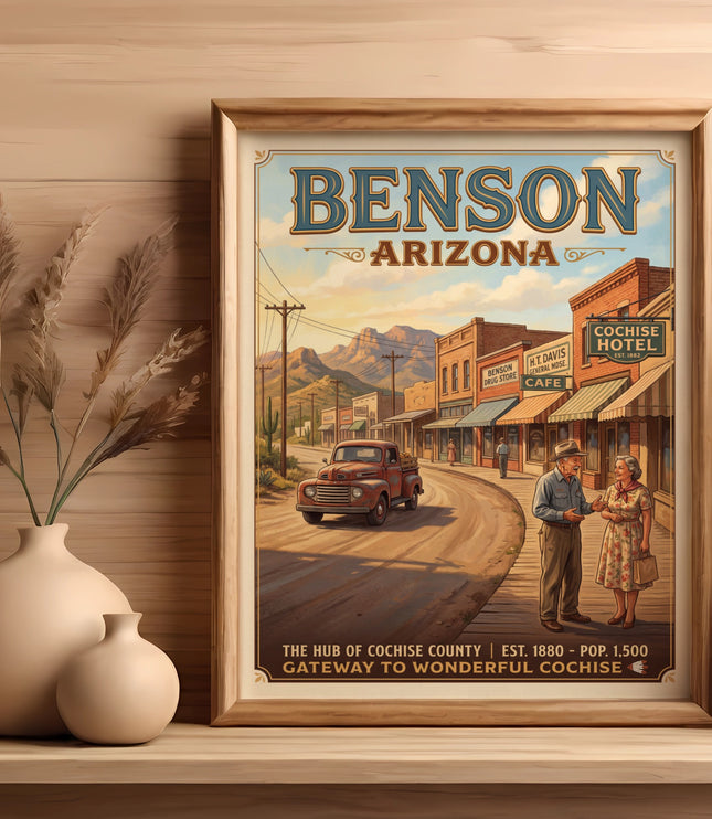 Vintage Benson, Arizona poster featuring street scene, couple, and text.