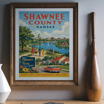 Shawnee County Kansas travel poster with Riverside Park scene and text.
