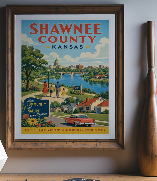 Shawnee County Kansas travel poster with Riverside Park scene and text.