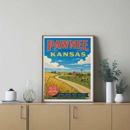 Pawnee County Kansas travel poster with farm scene and wheat fields.