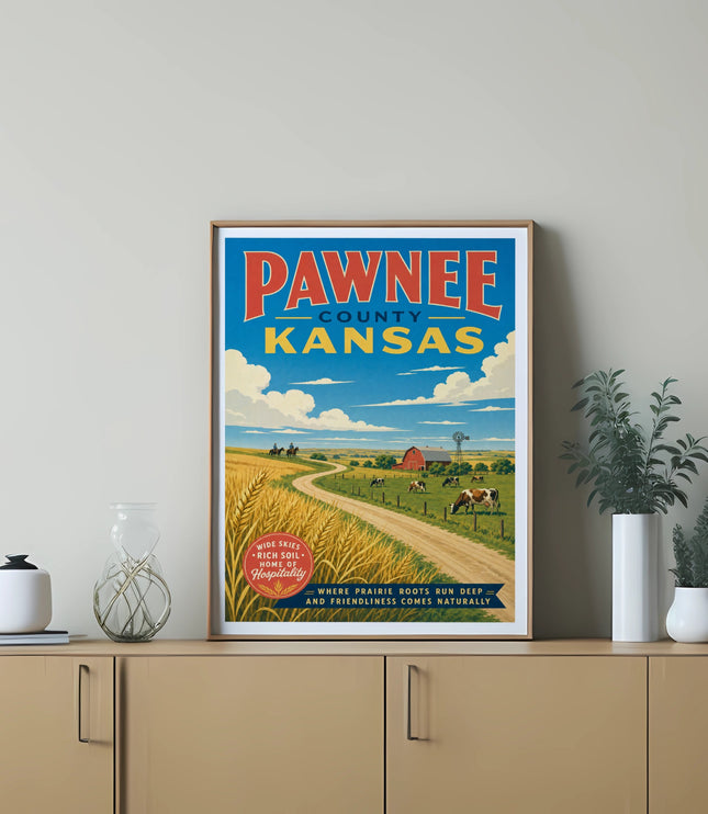 Pawnee County Kansas travel poster with farm scene and wheat fields.