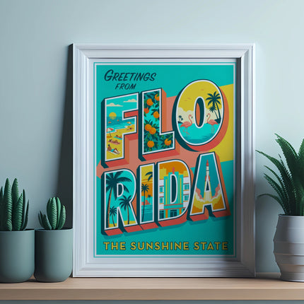 Greetings from Florida the Sunshine State postcard with flamingos and oranges.