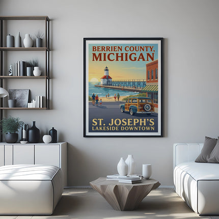 Berrien County Michigan St. Joseph's Lakeside Downtown poster with lighthouse and woodie car.