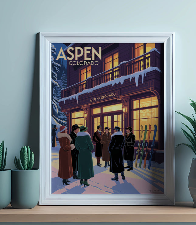 Framed art print of people in vintage ski attire outside a building labeled Aspen Colorado.