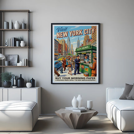 Vintage poster of bustling New York City street scene with newspaper headlines.