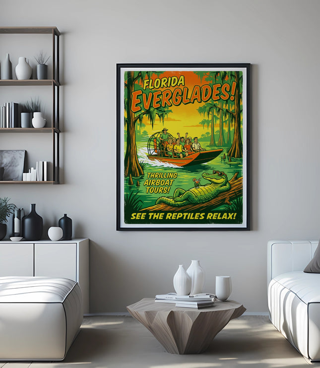 Poster of Florida Everglades airboat tours, featuring people on a boat and a lounging alligator.