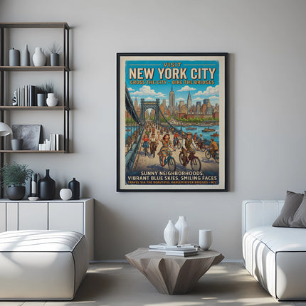 Vintage "Visit New York City" poster with people crossing a bridge.