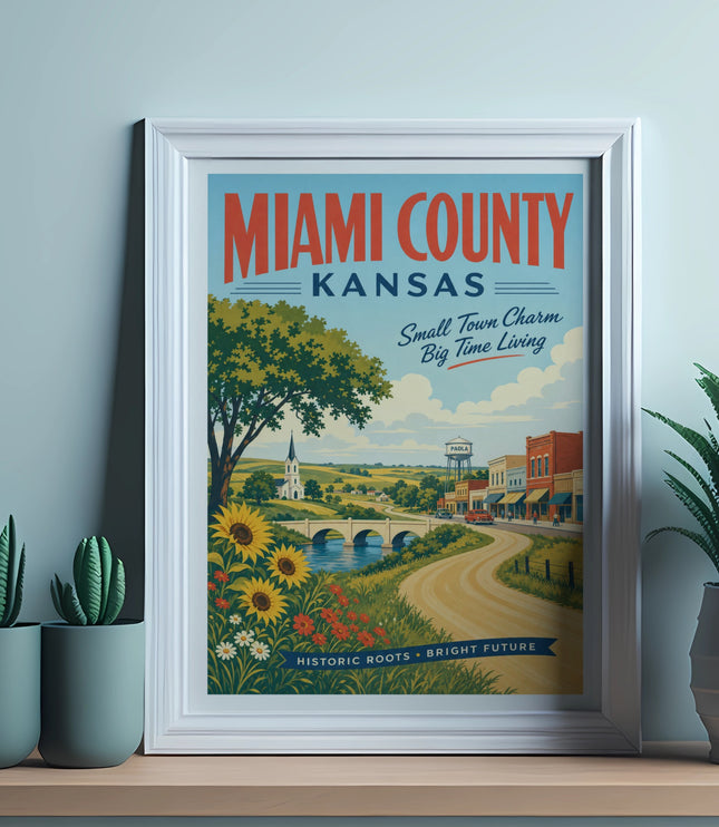 Framed poster: Miami County, Kansas, "Small Town Charm, Big Time Living."