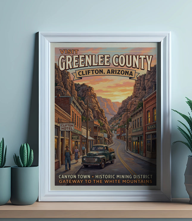 Vintage poster depicting Greenlee County, Clifton, Arizona, with a canyon town street scene at sunset.