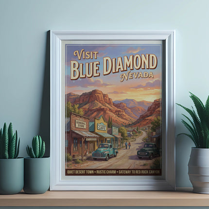 Vintage travel poster for Blue Diamond, Nevada, featuring a desert town.