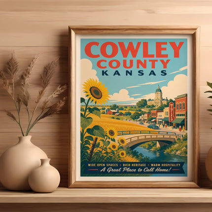Cowley County, Kansas vintage travel poster with sunflower and text.