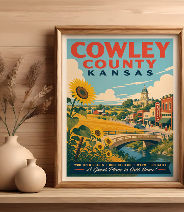 Cowley County, Kansas vintage travel poster with sunflower and text.