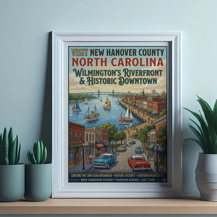 Vintage travel poster for Wilmington's riverfront and historic downtown, North Carolina.