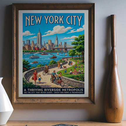Vintage New York City poster with "A Thriving Riverside Metropolis" text.