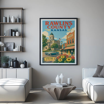 Vintage Rawlins County Kansas travel poster with Atwood landmarks and text.
