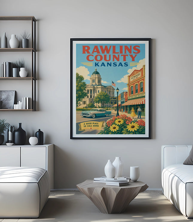 Vintage Rawlins County Kansas travel poster with Atwood landmarks and text.