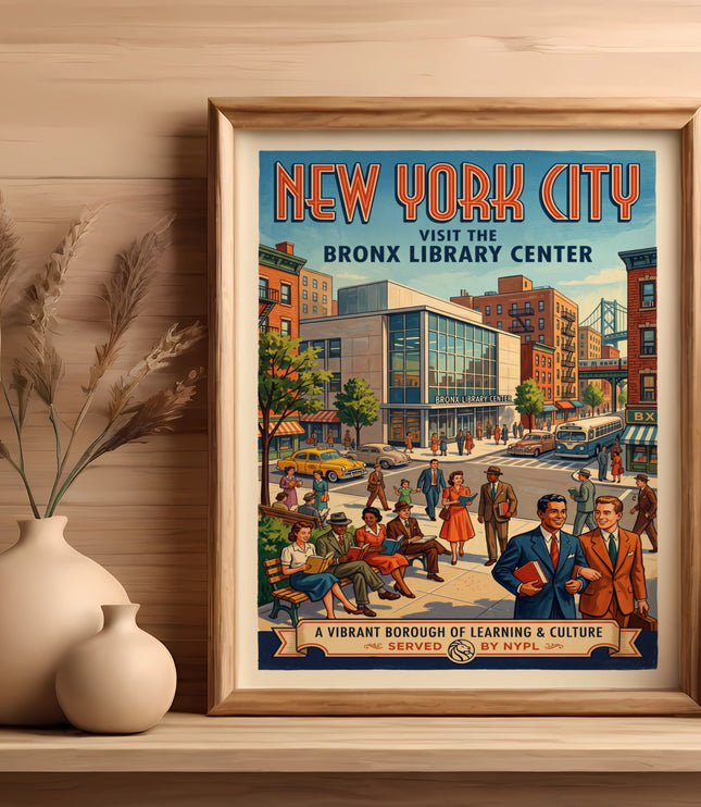 New York City poster depicting Bronx Library Center scene with people and text.